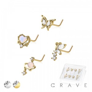 8PCS OF ASSORTED CZ DANGLE 316L SURGICAL STEEL L-SHAPE NOSE STUD BOX